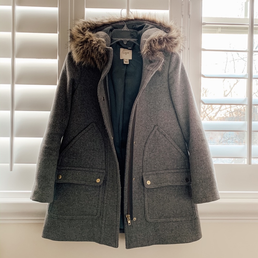 Jcrew wool coat grey with fur hood chateau 00p